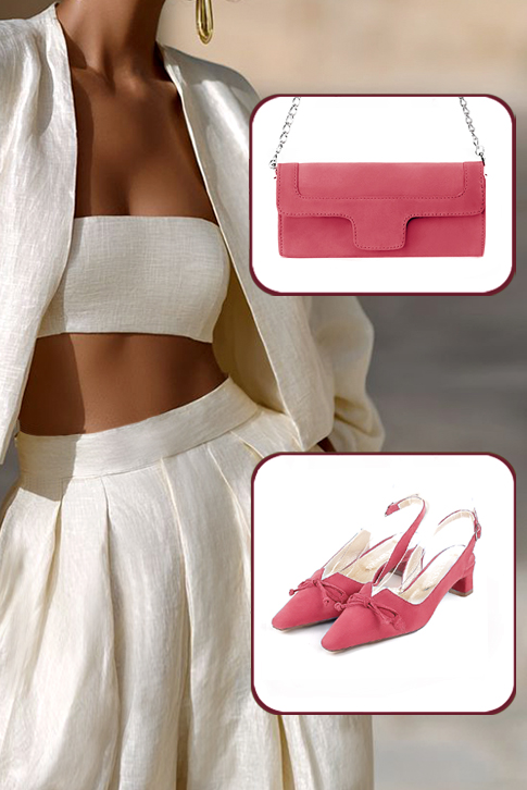 Dress slingback bow heels in carnation pink leather with kitten heels and tapered toe - Top view